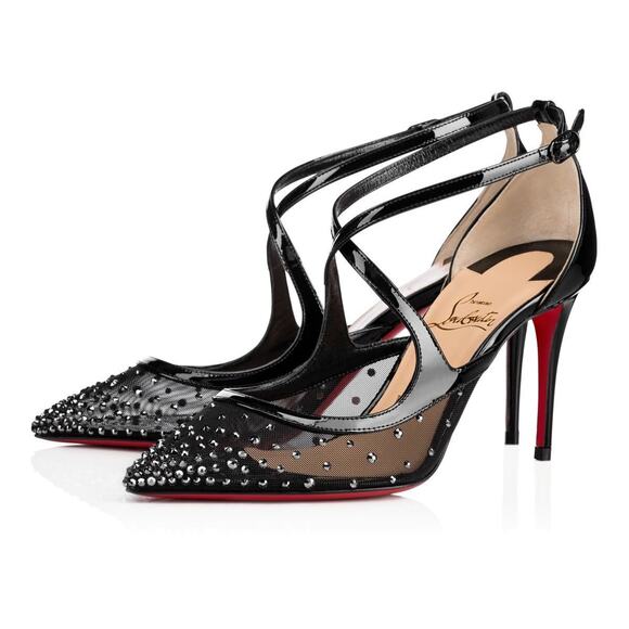 Christian Louboutin Twistissima Strass 85 Black Patent Mesh Strap Heel Pump 36.5 - Picture 1 of 9